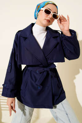 Omuz Apoletli Kuşaklı Trençkot Lacivert - DUFON