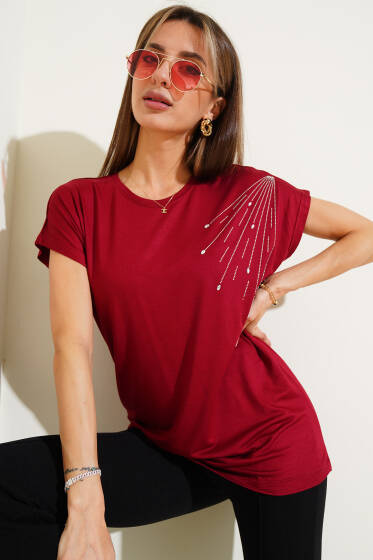 Omuz Damla Taşlı T-shirt Bordo - İndirimli Tesettür Bluz