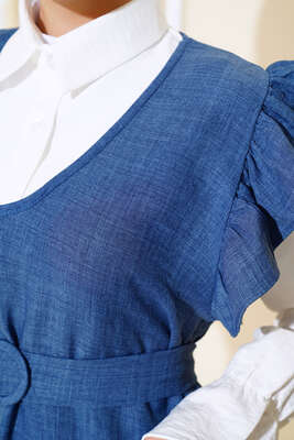 Omuz Fıfırlı Üçlü Keten Takım İndigo - İkili Takım