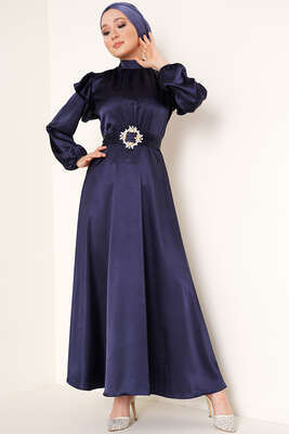 Omuz Fırfırlı Saten Elbise Lacivert