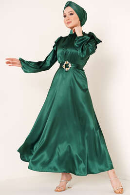 Omuz Fırfırlı Saten Elbise Zümrüt