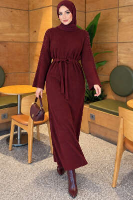 Omuz İnci Detaylı Triko Elbise Bordo - EFSUN MODA