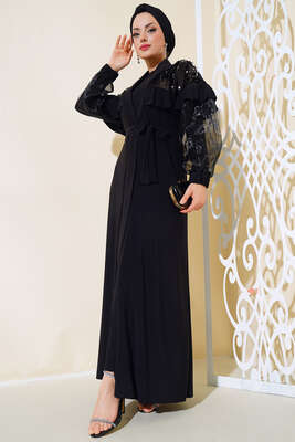 Omuz Payetli Abaya Siyah - ZAMANE (QSS)