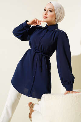 Omuz Taş Detaylı İp Kuşaklı Gömlek Lacivert