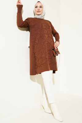 Omuz Taşlı Kabartmalı Triko Tunik Kahve - Tunik
