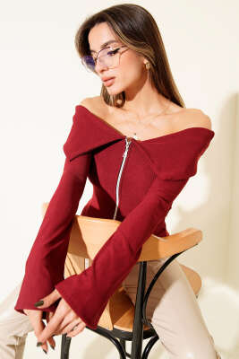 Omzu Açık Fermuarlı Bluz Bordo 