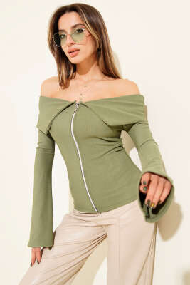 Omzu Açık Fermuarlı Bluz Çağla Yeşili 
