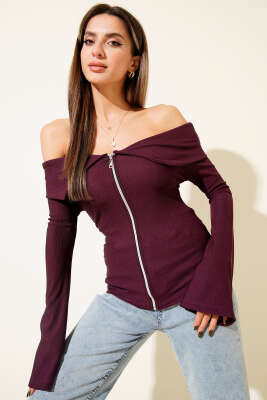 Omzu Açık Fermuarlı Bluz Mürdüm 