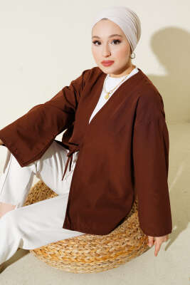 Önden Bağlama Detaylı Terikoton Kimono Kahve 