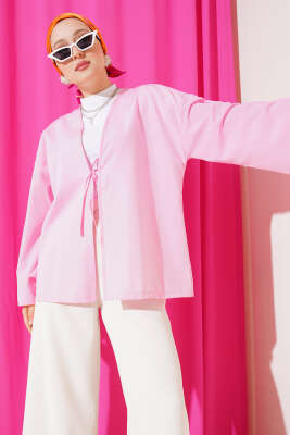 Önden Bağlama Detaylı Terikoton Kimono Pembe 