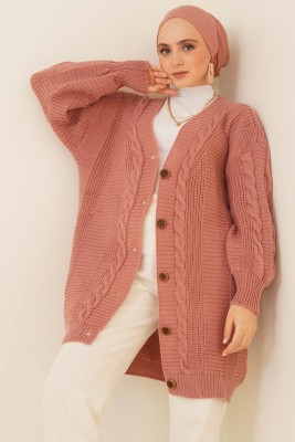 Önden Düğmeli Örgü Hırka Gül Kurusu