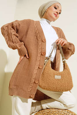 Önden Düğmeli Örgü Hırka Latte 