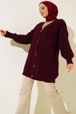 Önden Düğmeli Örgü Hırka Mürdüm - Hırka