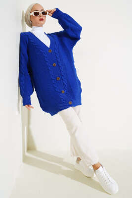 Önden Düğmeli Örgü Hırka Saks - Triko Hırka