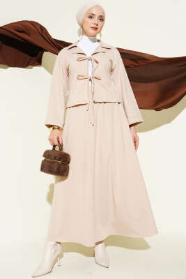 Önü Bağcık Detaylı Etekli İkili Takım Bej - TEGOE