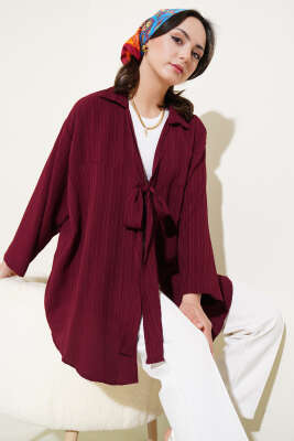 Önü Bağlamalı Krinkıl Kimono Bordo 