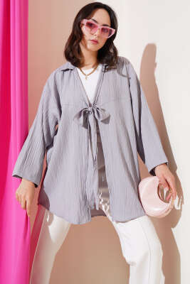 Önü Bağlamalı Krinkıl Kimono Gri 