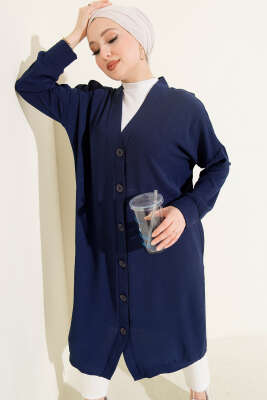 Önü Düğmeli Ayrobin Lacivert Uzun Hırka