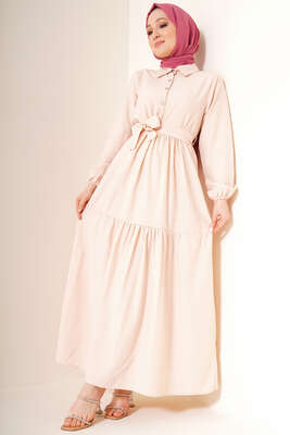 Önü Düğmeli Kat Model Elbise Bej 