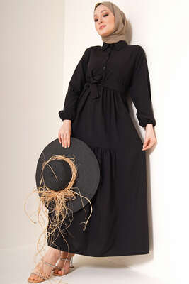 Önü Düğmeli Kat Model Elbise Siyah - Tesettür Elbise