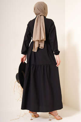 Önü Düğmeli Kat Model Elbise Siyah - Tesettür Elbise
