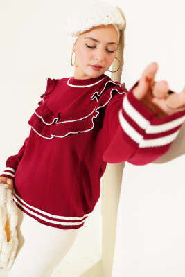 Önü Fırfırlı Triko Kazak Bordo - VAV TEKSTİL