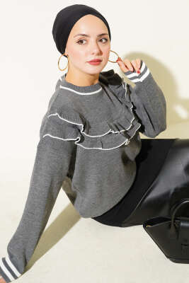 Önü Fırfırlı Triko Kazak Gri - VAV TEKSTİL