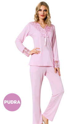 Önü Güpürlü Pijama Takımı Pudra 