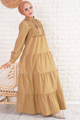 Önü Mini Fırfırlı Bağcıklı Camel Elbise 