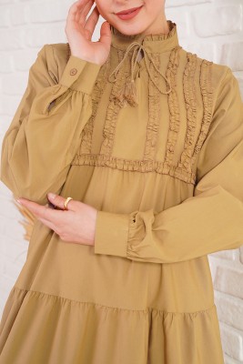 Önü Mini Fırfırlı Bağcıklı Camel Elbise - Bayan Elbise
