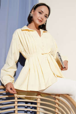 Önü Pilelİ Brit Düğmeli Gömlek Sarı - Gömlek