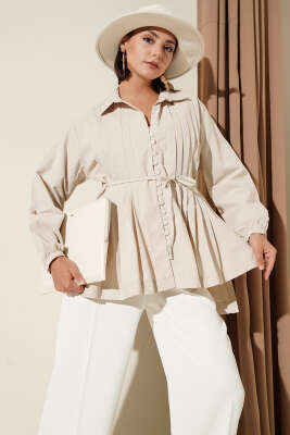 Önü Pilelİ Brit Düğmeli Gömlek Taş 