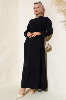 Önü Yarım Düğmeli Kat Kat Elbise Siyah