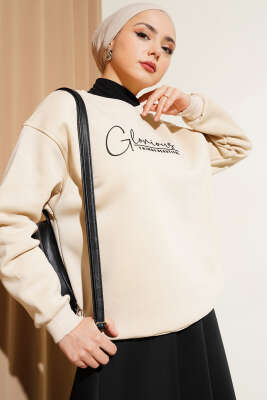 Önü Yazılı Şardonlu Sweatshirt Bej - Tunik