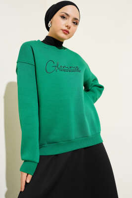 Önü Yazılı Şardonlu Sweatshirt Yeşil - Tunik