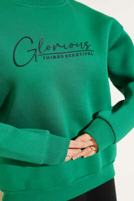 Önü Yazılı Şardonlu Sweatshirt Yeşil - Tunik