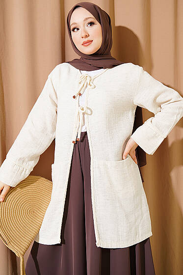 Örgü Biyeli Bağlamalı Keten Kimono Bej - 100-300 TL Ürünler