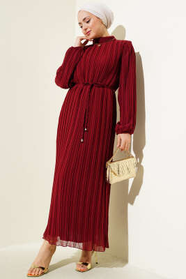 Örgü Kuşaklı Pileli Şifon Elbise Bordo 
