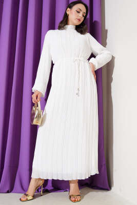 Örgü Kuşaklı Pileli Şifon Elbise Ekru 