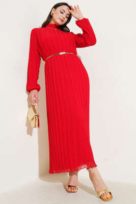Örgü Kuşaklı Pileli Şifon Elbise Kırmızı - Elbise
