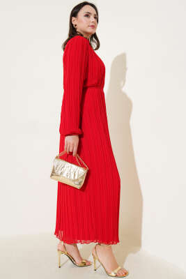 Örgü Kuşaklı Pileli Şifon Elbise Kırmızı - Elbise