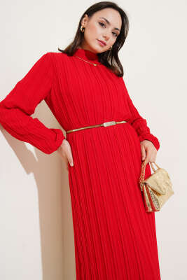 Örgü Kuşaklı Pileli Şifon Elbise Kırmızı - Elbise