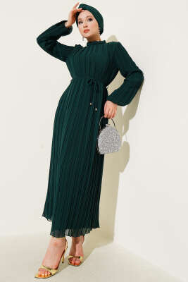 Örgü Kuşaklı Pileli Şifon Elbise Zümrüt 