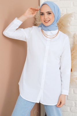 Oval Kesim Boyfriend Beyaz Tunik
