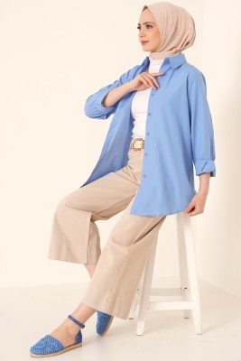 Oval Kesim Boyfriend İndigo Tunik