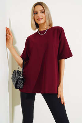 Oversize Basic T-shirt Bordo - Kadın Giyim Modelleri