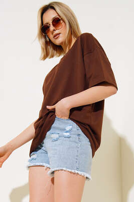 Oversize Basic T-shirt Kahve - Yılın Fırsatı