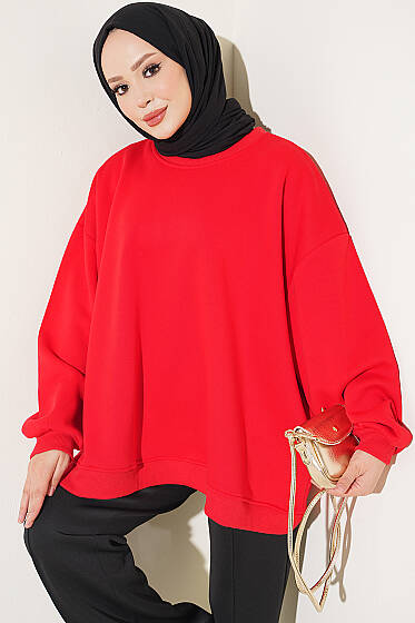 Oversize Düşük Omuzlu Tunik Kırmızı - Tunik