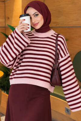 Oversize İnce Çizgili Triko Kazak Bordo - VANİZA TRİKO