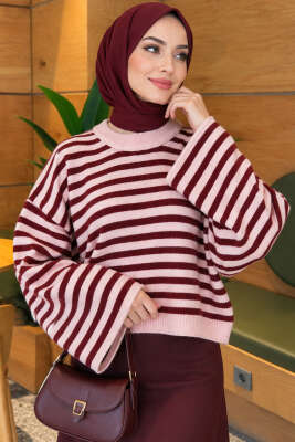 Oversize İnce Çizgili Triko Kazak Bordo - Triko Kazak